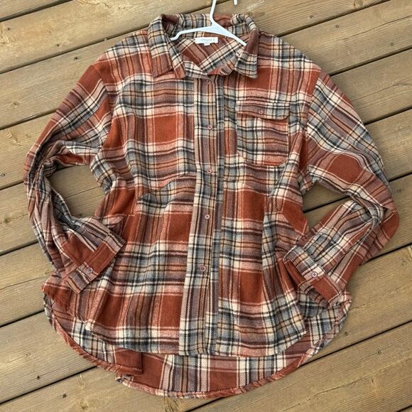 Umgee 1XL Burnt Orange Rust Plaid Hi-Lo Loose Fit Flannel Button Down Shacket - Picture 2 of 12